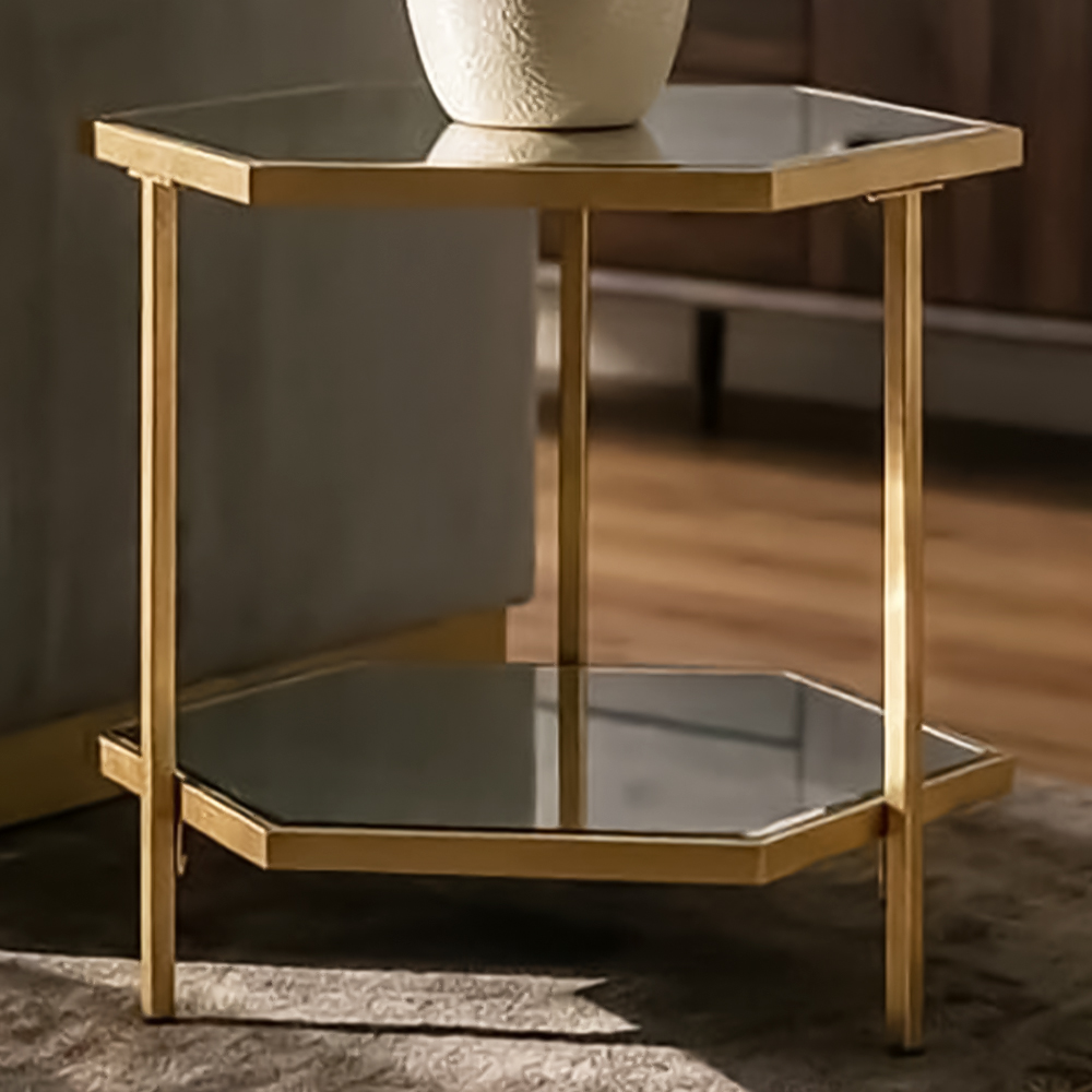 Premier Housewares 2-Tier Gold Finish Glass Top Side Table Image 1