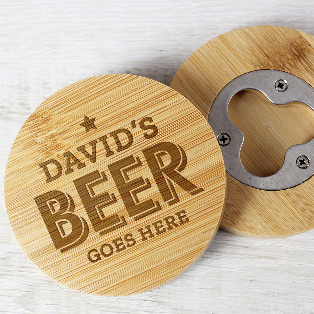 Personalised Memento Company Personalised Beer Goes Here Bamboo Bottle Opener Coaster Image 2