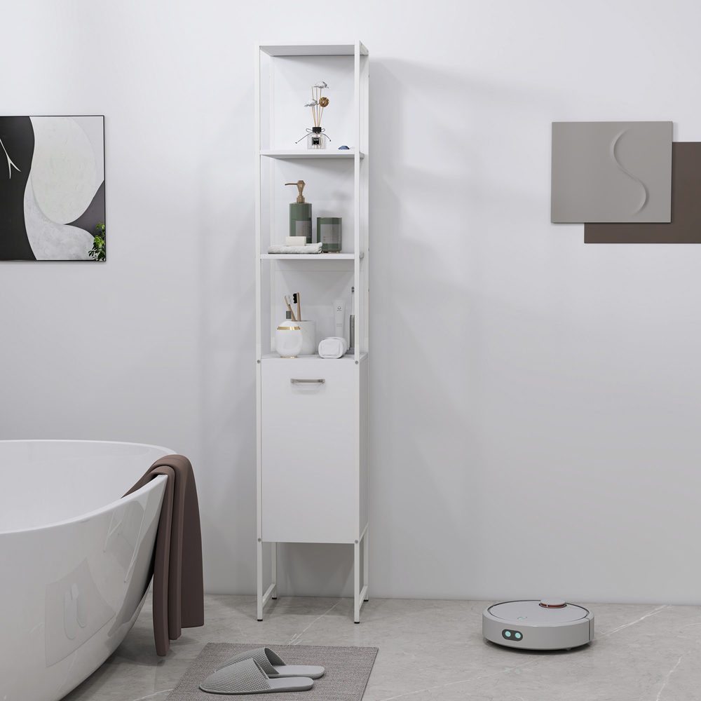 HOMCOM Single Door 3 Shelf White Adjustable Tall Bathroom Cabinet Image 5