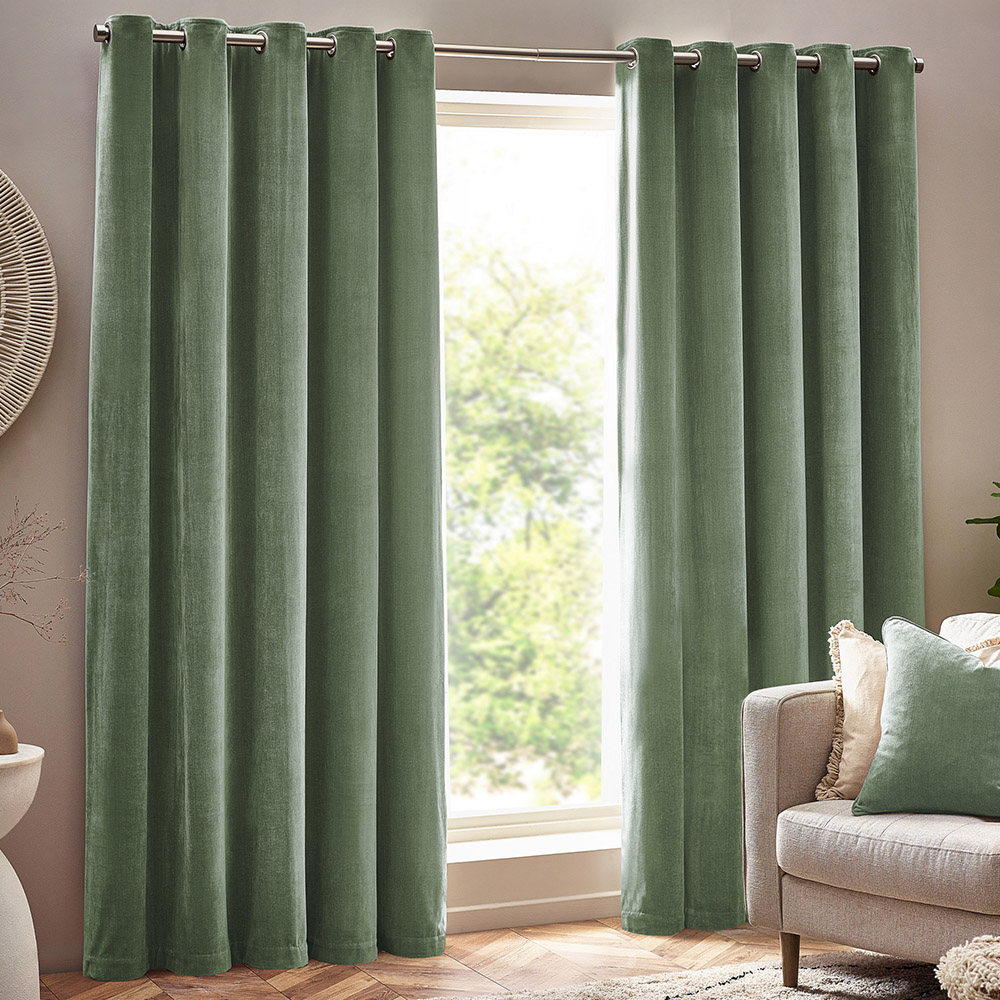 Yard Green Heavy Chenille Velvet Eyelet Curtains 229 x 137cm Image 1