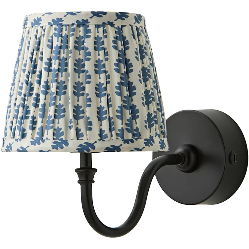 ValueLights Lowe Blue Ditsy Floral Pleated Shade Black Rechargeable Wall Light with Bulb Image 1