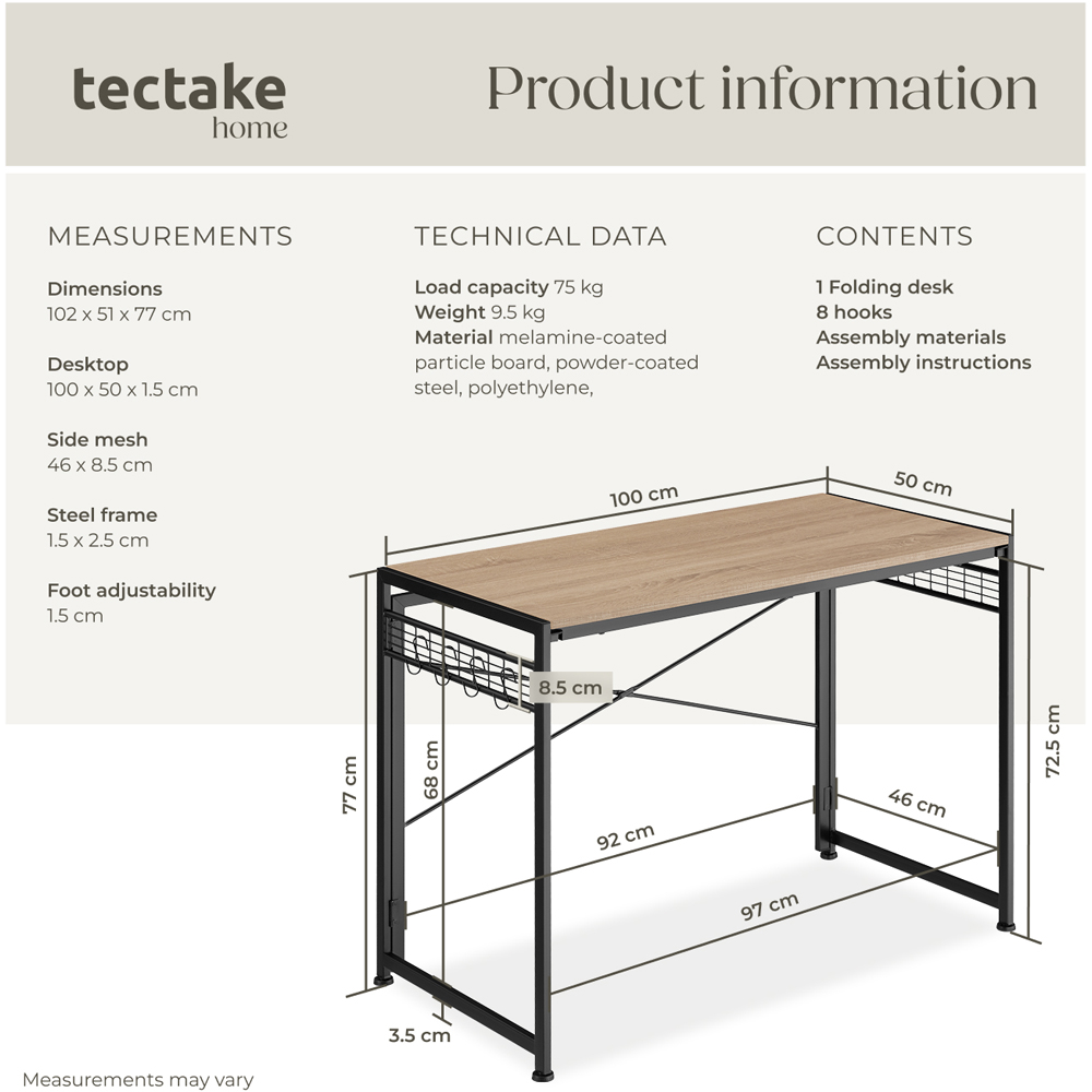 tectake Paterson Light Wood Oak Foldable Desk with 8 Storage Hooks Image 8