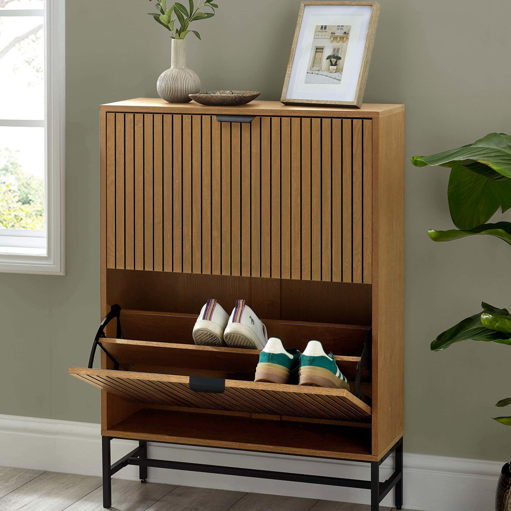 Julian Bowen Sia 2 Flip Down Door Oak Effect Shoe Storage Cabinet Image 8
