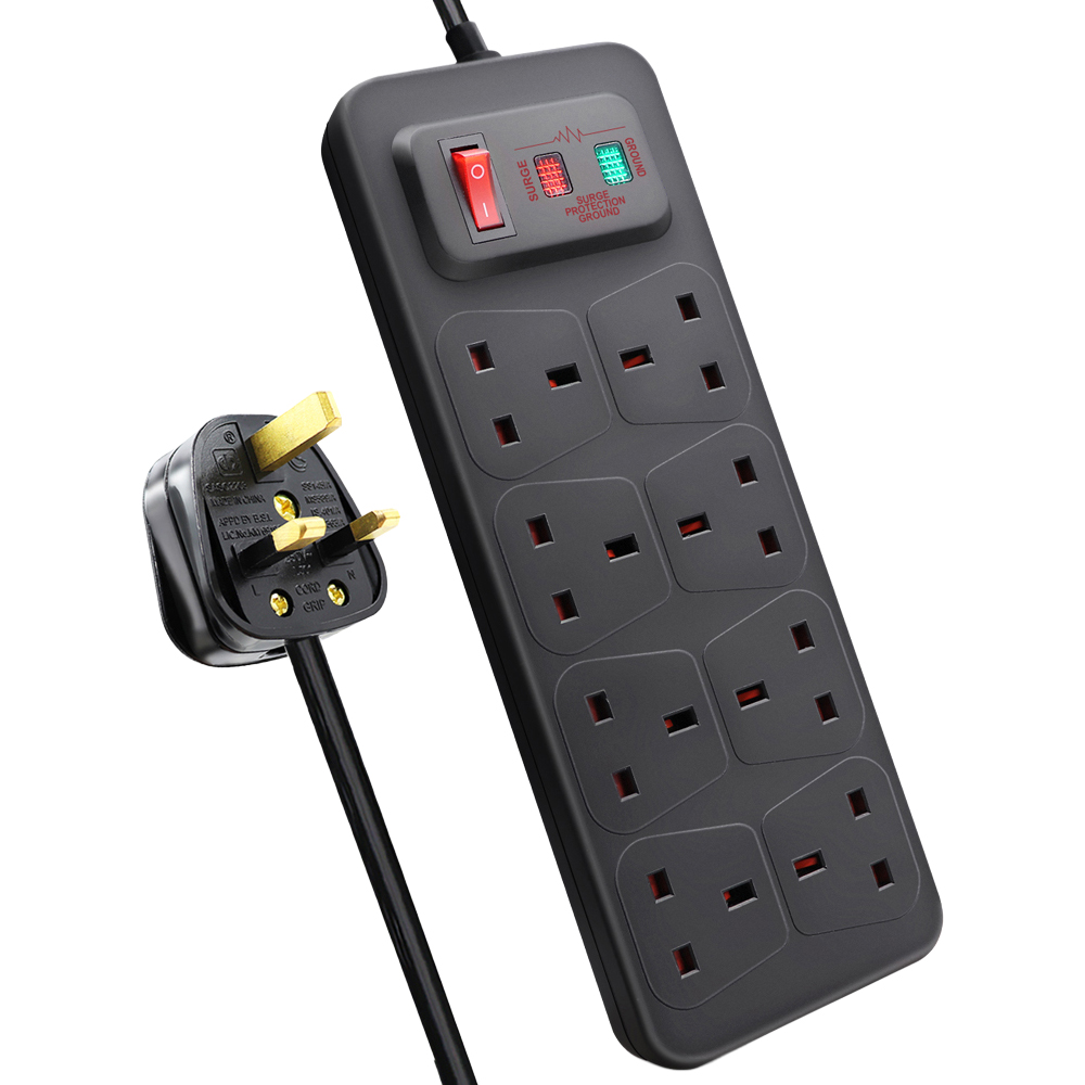 ExtraStar 8 Gang 13A Black Switched Surge-Protected Extension Lead 2m Image 1