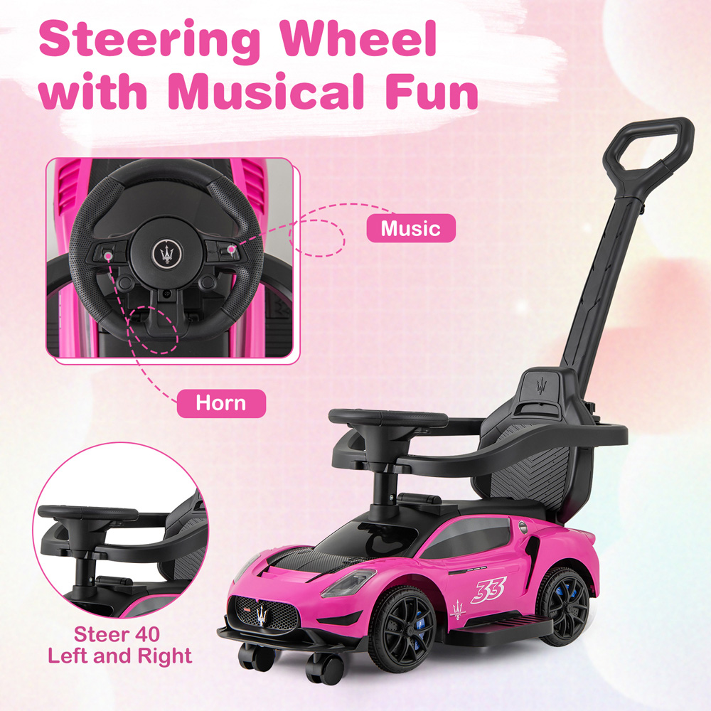 Costway 3-in-1 Kids Pink Licensed Maserati Ride On Push Car with Music Steering and Guardrail Image 6