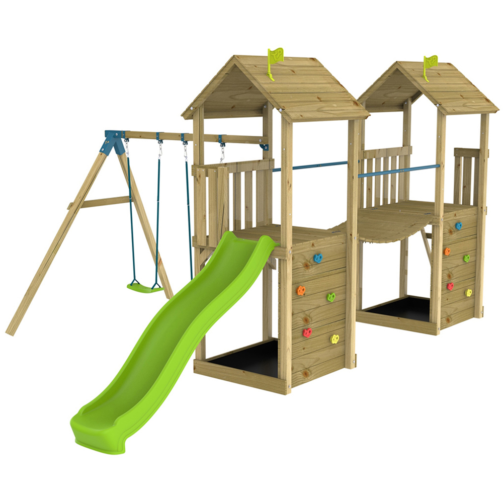 TP Skywood Kids Wooden Climbing Frame with Two Towers Sky Bridge Double Swing and Slide Image 1