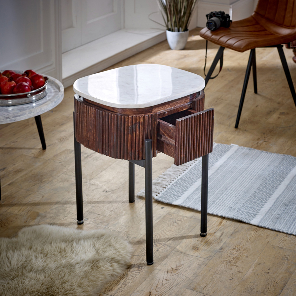 Brooklyn Opal Single Drawer Marble Top Mango Wood Bedside Table Image 5
