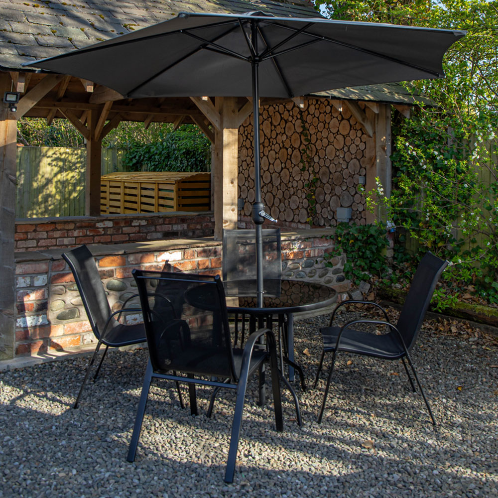 Samuel Alexander 4 Seater Glass Top Stackable Dining Set with Grey Havana Parasol and Base Image 1