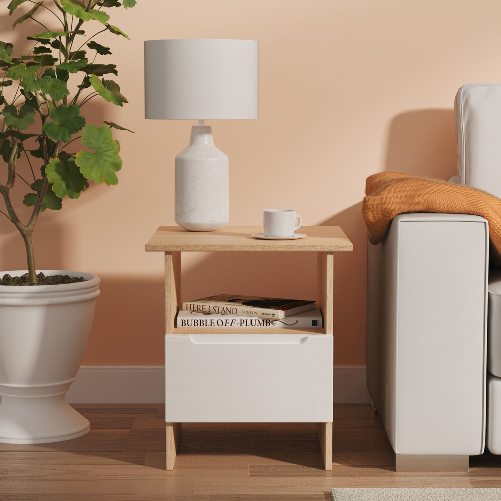 Crowndale Milan Single Drawer Single Shelf White Gloss and Bardolino Oak Lamp Table Ready Assembled Image 8