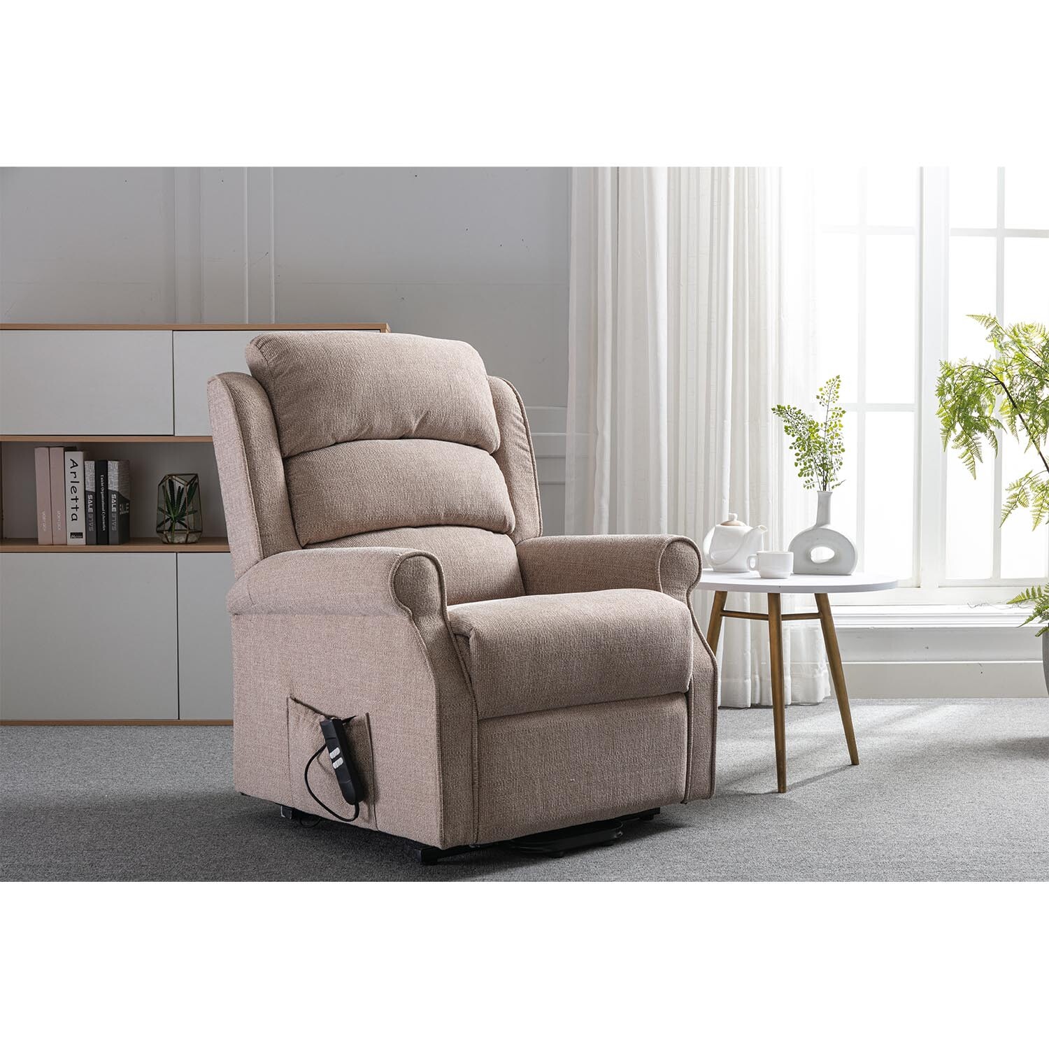 Winslow Neutral Wheat Fabric Rise Recliner Chair Image 3