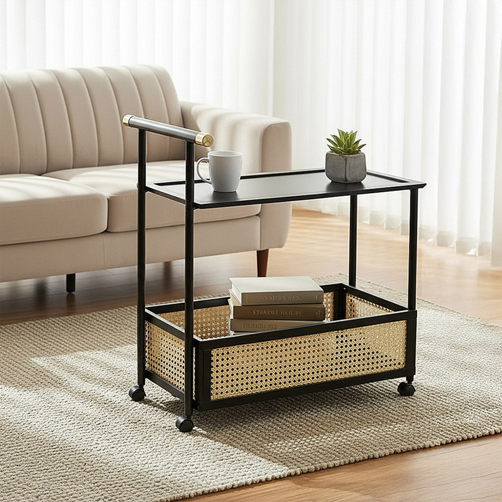 Living and Home 2-Tier Black Faux Rattan Side Table with Castors Image 8