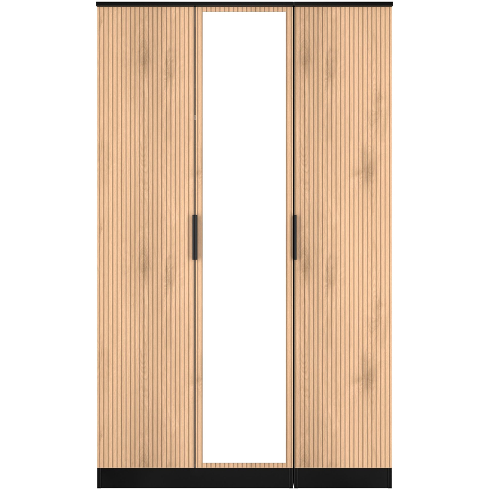Crowndale Java 3 Door Slatt Effect and Black Tall Mirror Wardrobe Ready Assembled Image 2