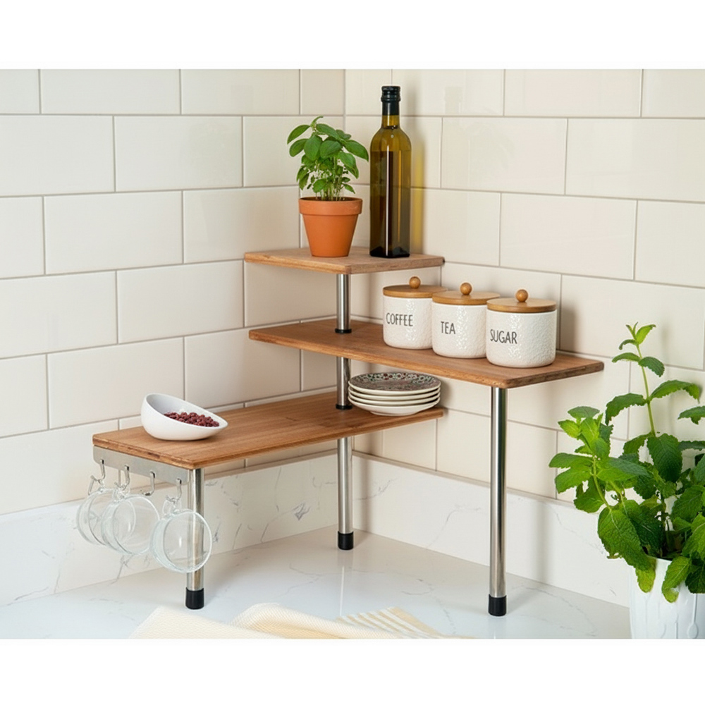 Avilo 3 Shelf Wooden Freestanding Corner Kitchen Etagere with 4 Hanging Hooks Image 4