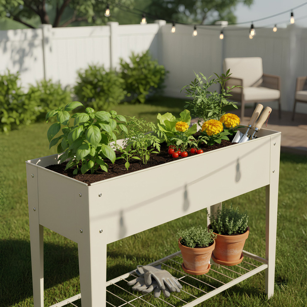 Harbour Housewares Ivory Raised Garden Bed with Legs and Storage Shelf 2 Pack Image 3