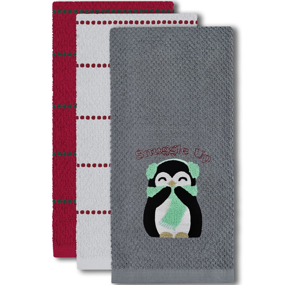 Noel Square Penguins Snuggle Grey Tea Towel 3 Pack Image 3
