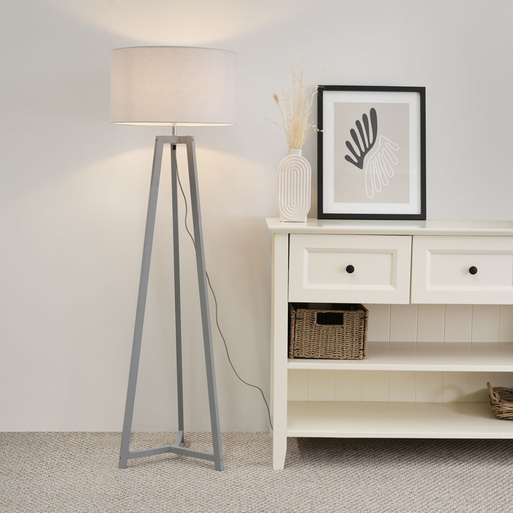 ValueLights Lottie Grey Fabric Drum Shade Grey Wood Tripod LED Floor Lamp Image 2