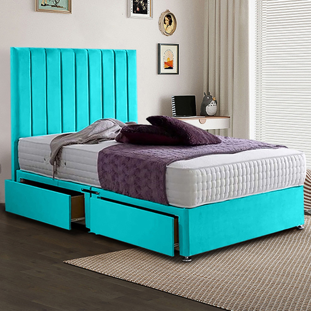 Eleganza Home Sleepytime Small Double Teal Plush Velvet 2 Drawer Divan Bed with Headboard Image 1