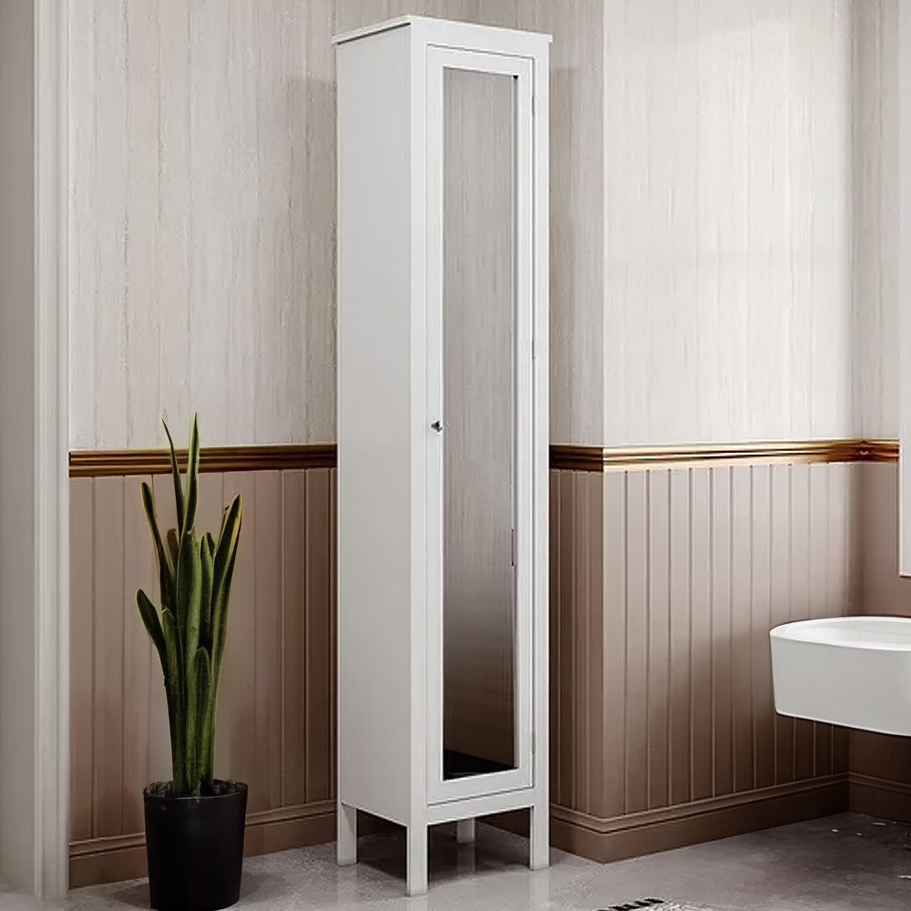 H&O Direct Slim White Tall Mirror Door Cabinet Image 1