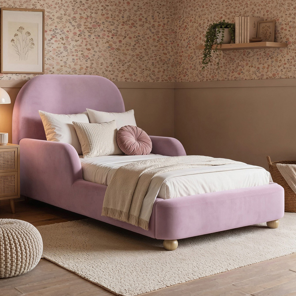 Flair Kira Single Pink Velvet Upholstered Bed with Curved Headboard Image 1