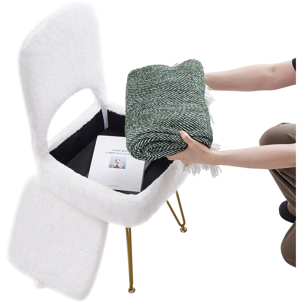 Living and Home White Faux Rabbit Fur Foldable Backrest Vanity Chair with Hidden Storage Image 4