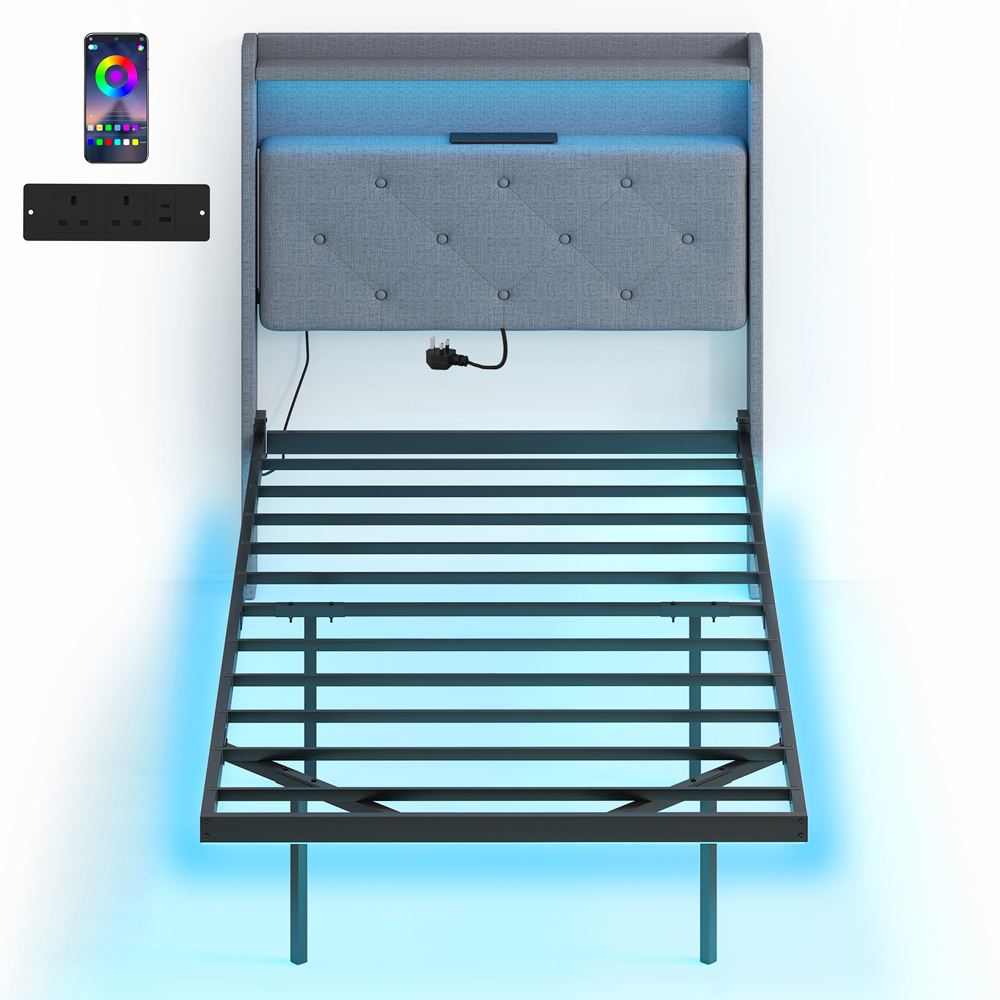 Portland Single Grey Upholstered Floating Bed Frame with RGB LED Lights Image 2