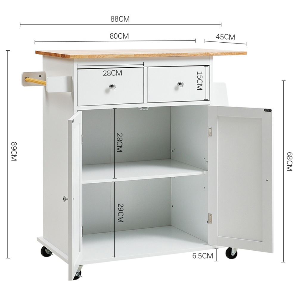 H&O Direct 2 Door 2 Drawer White Rubberwood Top Kitchen Trolley with Wheels Image 5