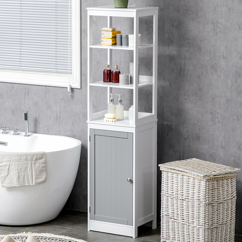 Kleankin White and Grey Single Door 2 Shelf Tall Floor Cabinet Image 1