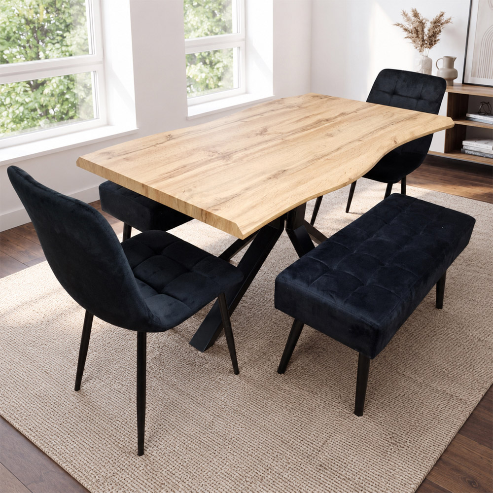 Portland 6 Seater Black Wood Dining Set with Velvet Chairs and Bench Image 1