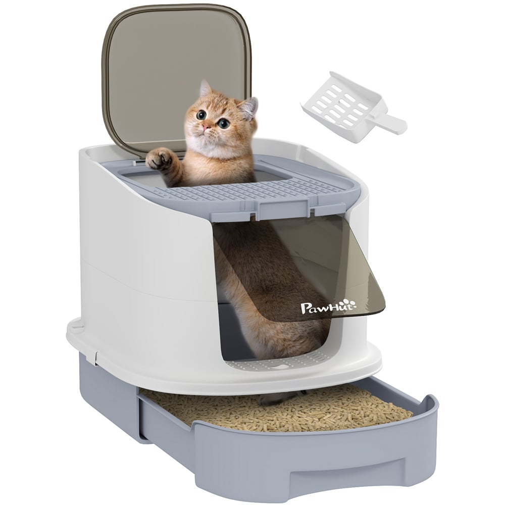 PawHut Grey Hooded Cat Litter Tray with Lid and Scoop Image 3