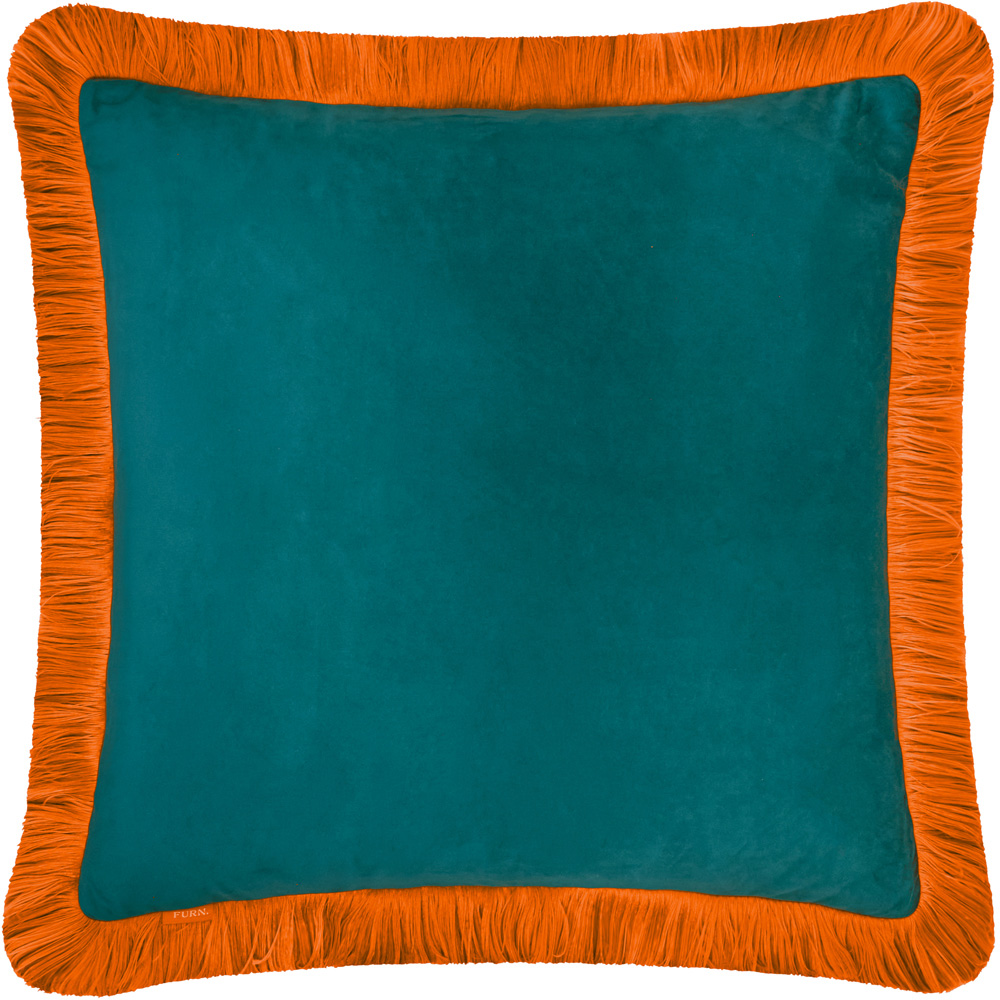 Furn Halo Teal and Tiger Fringed Velvet Cushion 50 x 50cm Image 1