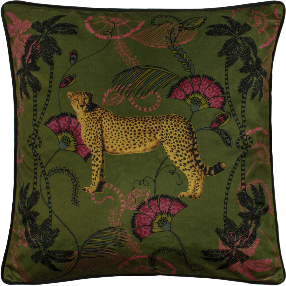 Paoletti Khaki Tropical Cheetah Velvet Touch Piped Cushion Image 1