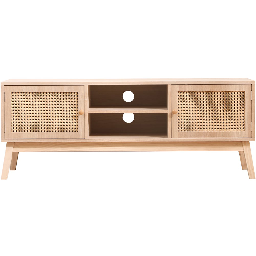 FurnitureHMD 2 Door 2 Shelf Rattan Weaving TV Unit with Pine Wood Legs Image 4