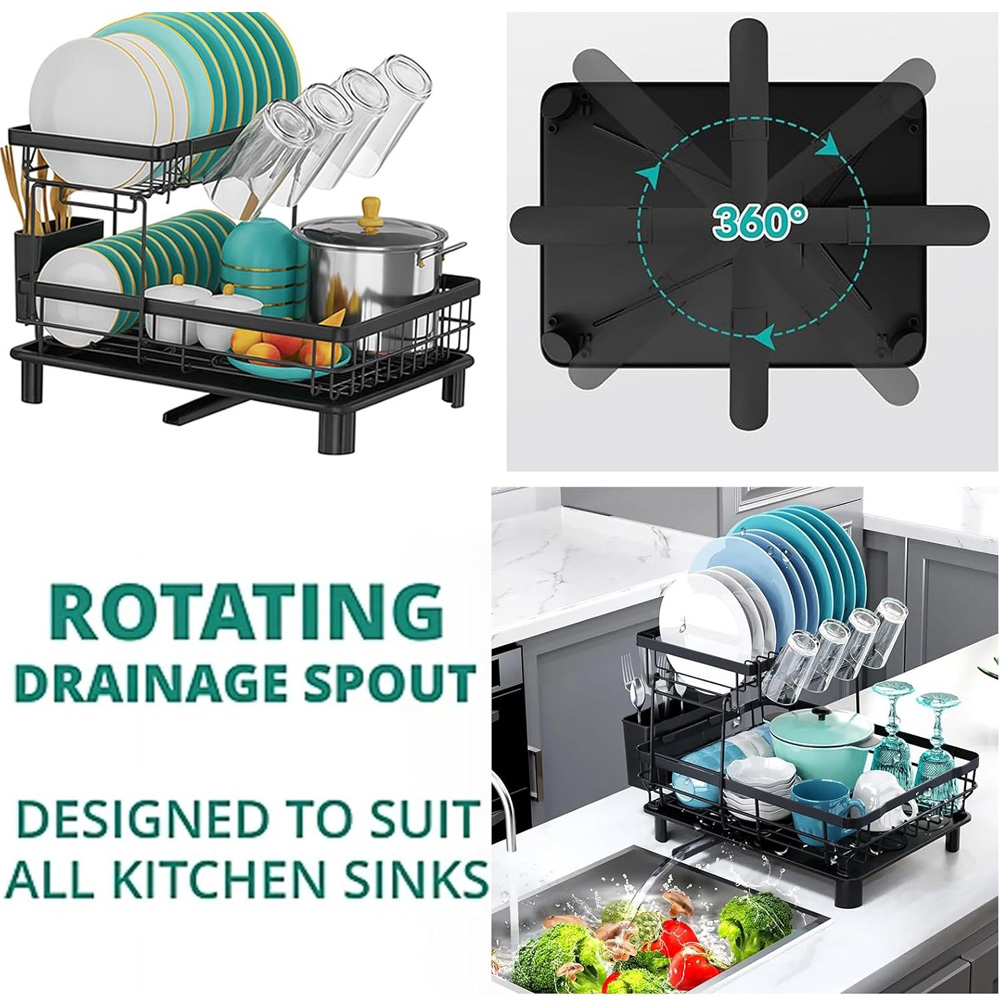 ATEK 2-Tier Black Dish Drying Rack with Drain Tray Image 4