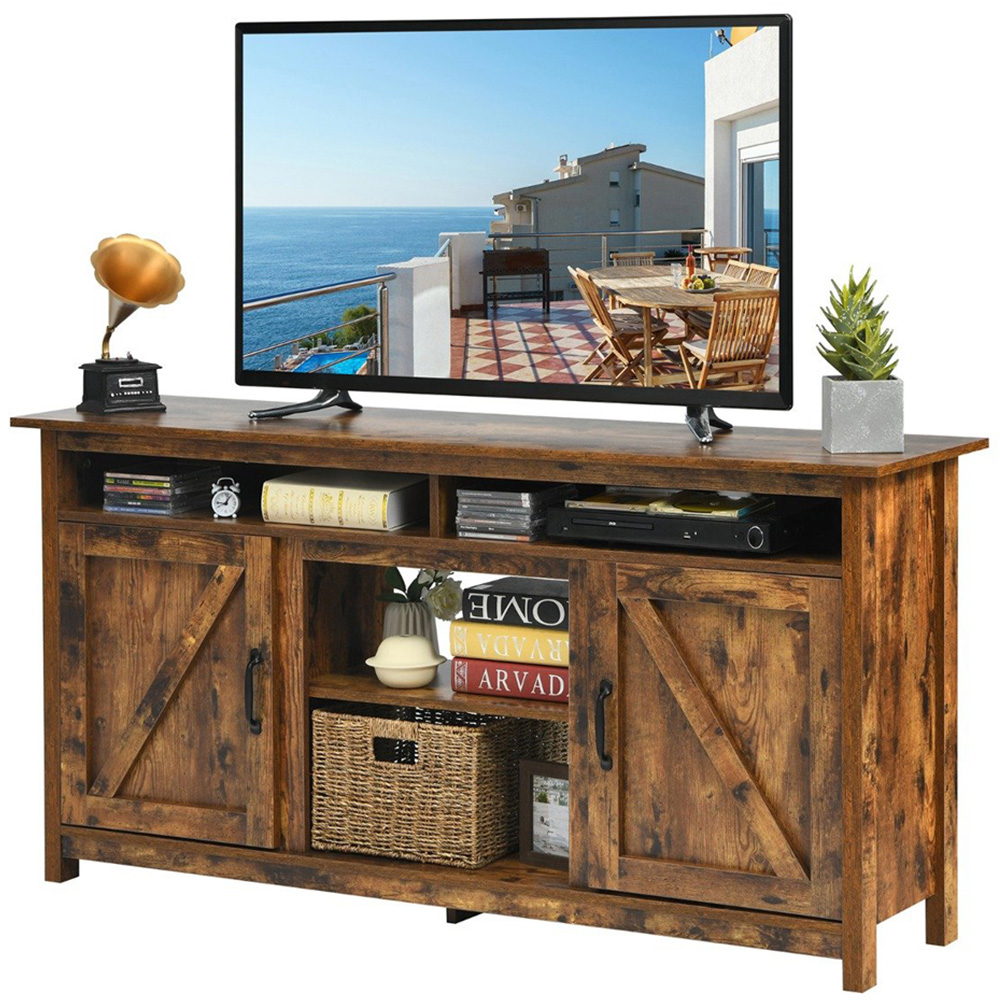 Costway Wooden TV Cabinet with Barn Doors and Open Shelf Image 4