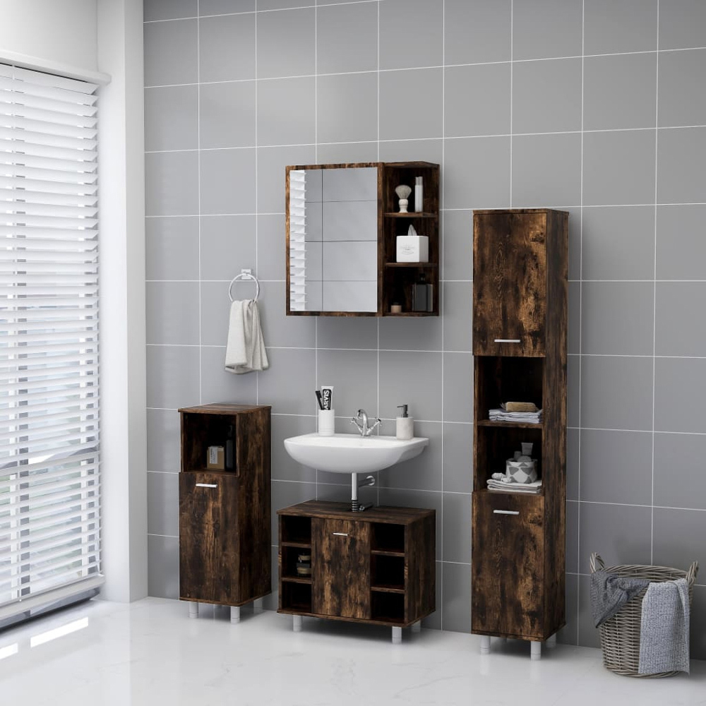 vidaXL Single Door 3 Shelf Smoked Oak Mirror Bathroom Cabinet Image 8