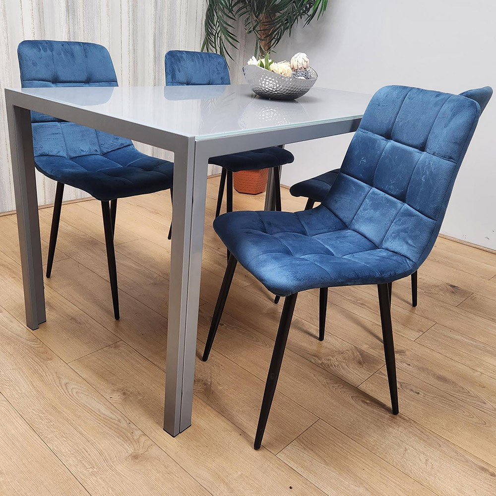 Kosy Koala 4 Seater Glass and Velvet Dining Set Grey and Blue Image 1
