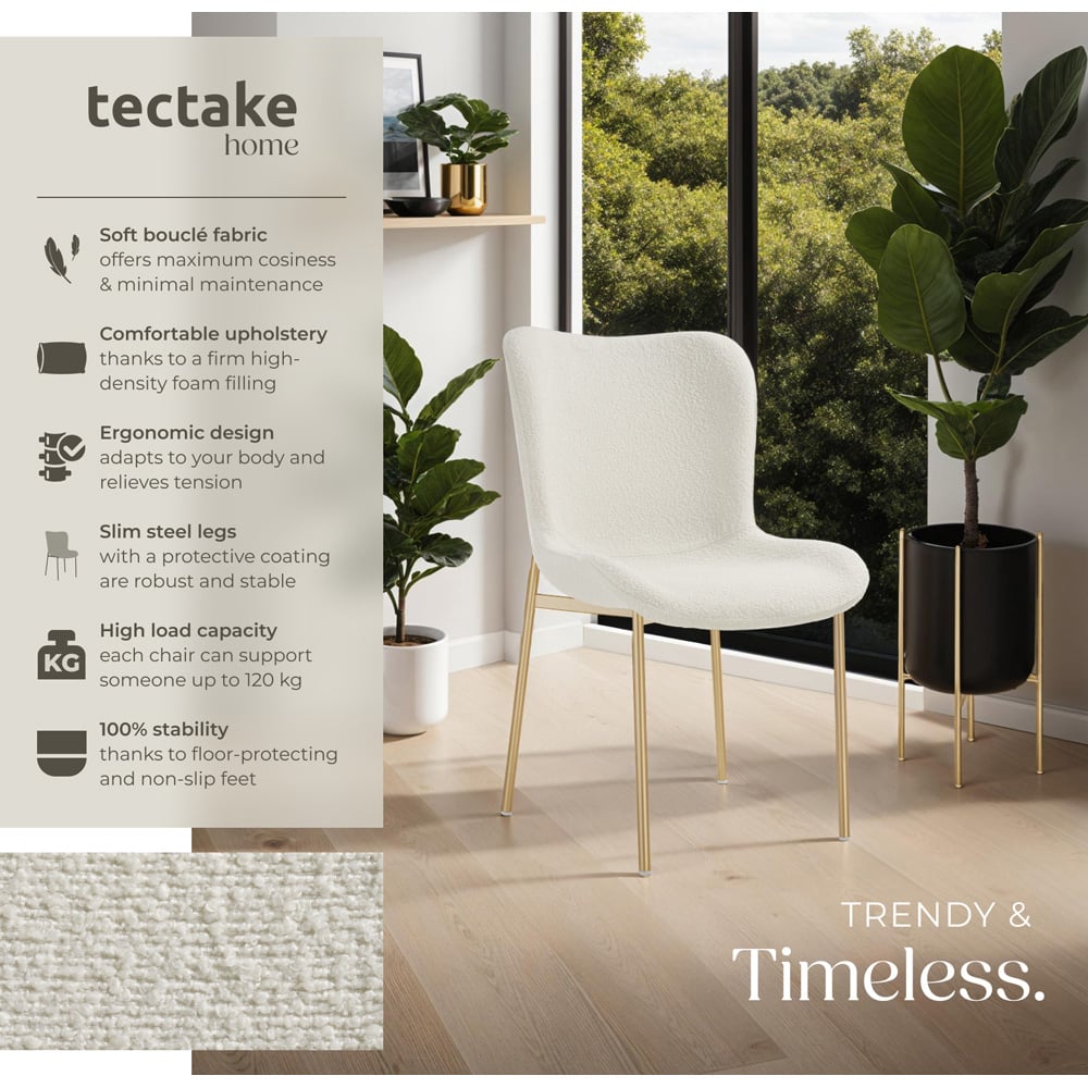 tectake Tessa Set of 4 White and Gold Boucle Padded Dining Chair Image 8