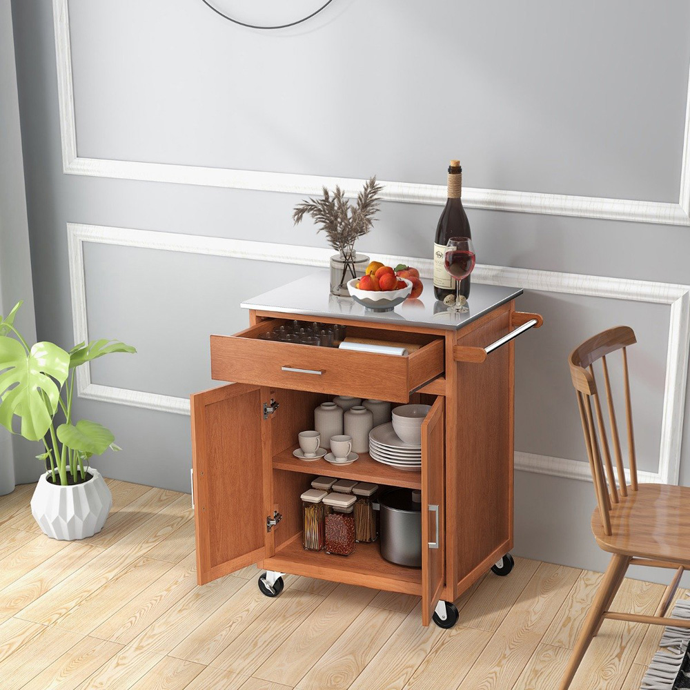 Costway 2 Door Single Drawer Brown Kitchen Island Trolley Image 2