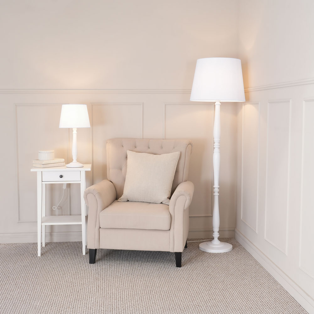 ValueLights Victoria White Fabric Tapered Shade White Wood Traditional Stem LED Floor Lamp Image 4