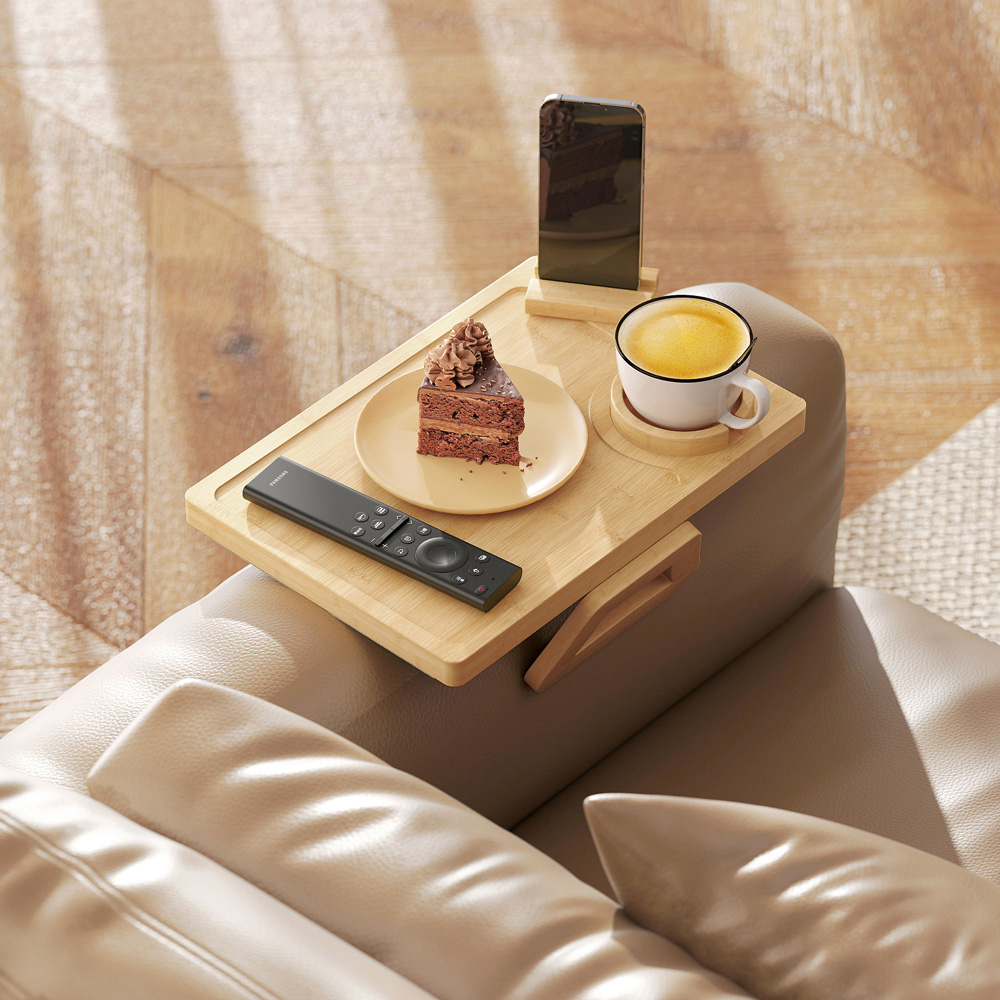 HOMCOM Natural Anti-Slip Sofa Armrest Tray with Phone and Cup Holder Image 2