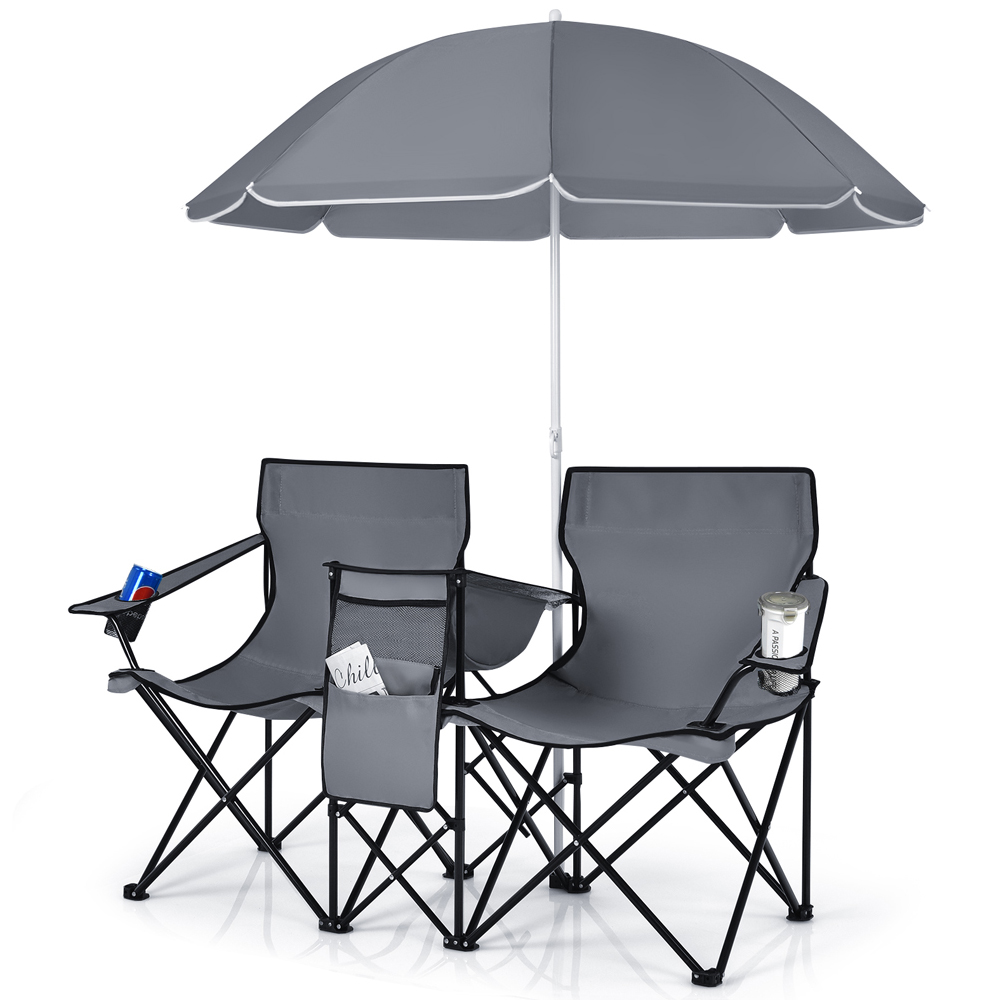 Costway Grey Double Portable Camping Chair with Umbrella and Ice Bag Image 3