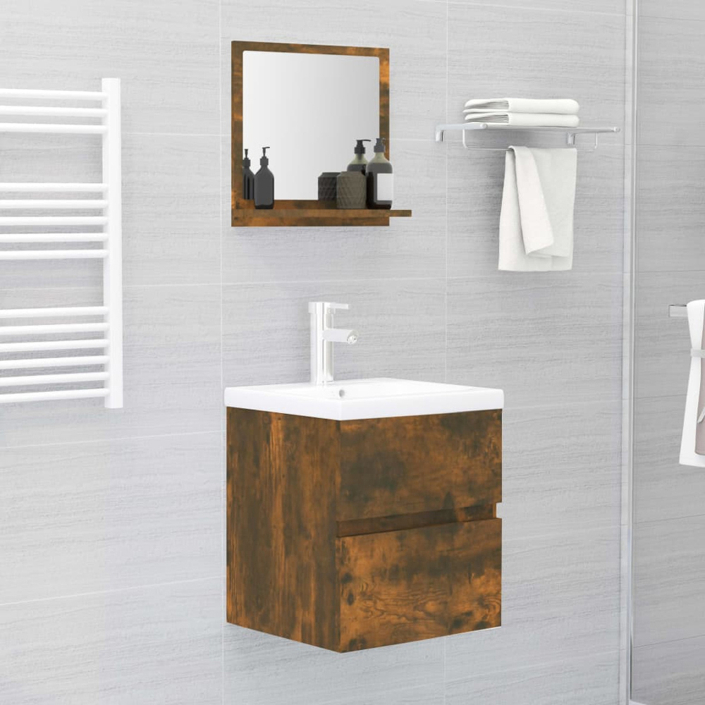 vidaXL Single Shelf Smoked Oak Wall Mounted Bathroom Mirror 40 x 37cm Image 2