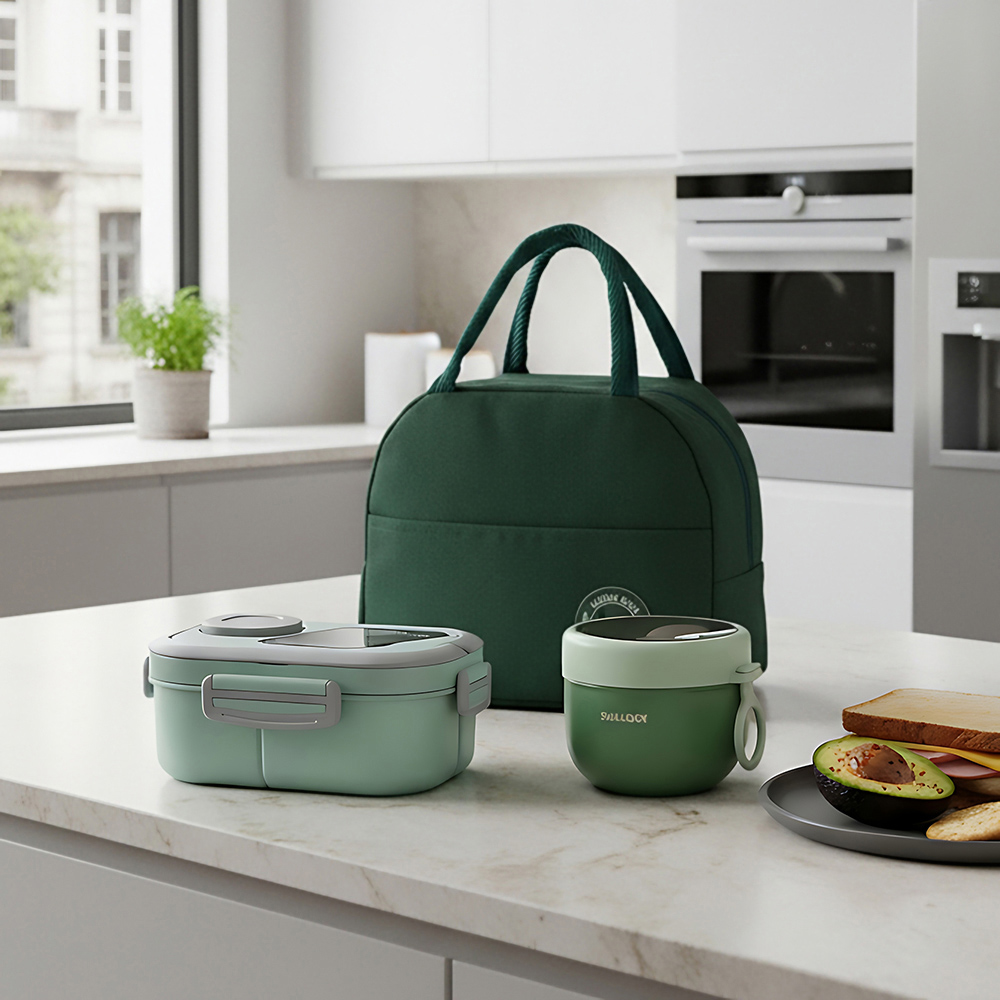 Living and Home Green Portable Lunch Box Set with Cutlery and Insulated Bag Image 7