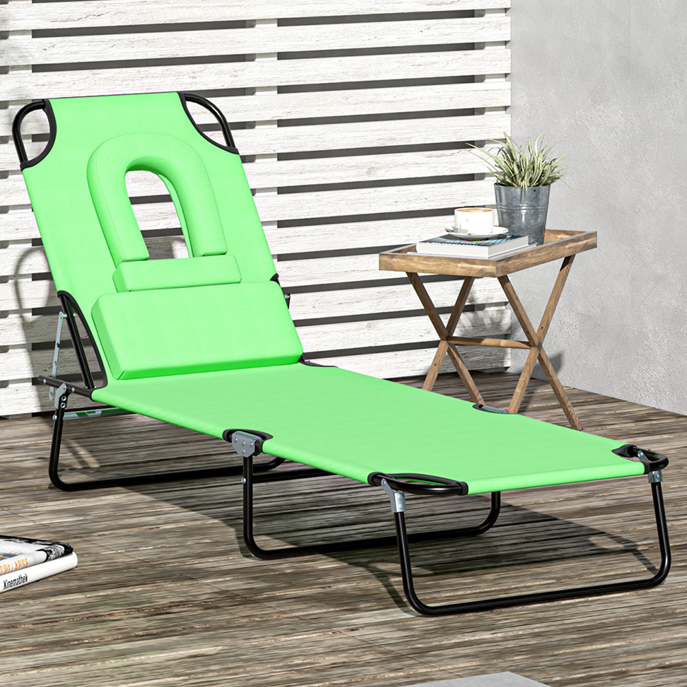 Outsunny Green Foldable Sun Lounger with Reading Hole Image 1