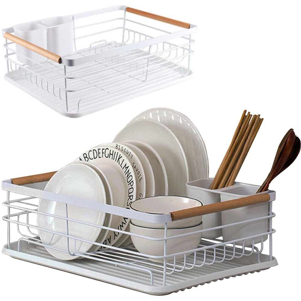 ATEK White Wooden Handle Dish Drying Rack with Drain Tray and Cutlery Holder Image 3