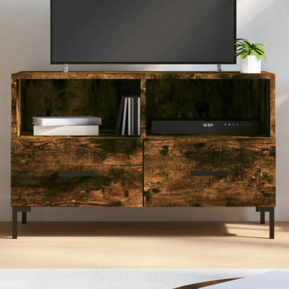 vidaXL 2 Drawer 2 Open Smoked Oak TV Cabinet with Metal Legs Image 1