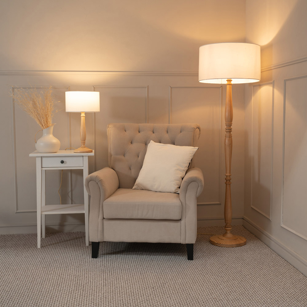 ValueLights Victoria White Fabric Drum Shade Light Wood Traditional Stem LED Floor Lamp Image 4