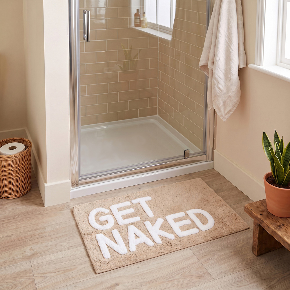 Allure Bath Fashions Beige and White Get Naked Slogan Non-Slip Bath Mat 50 x 80cm Image 2