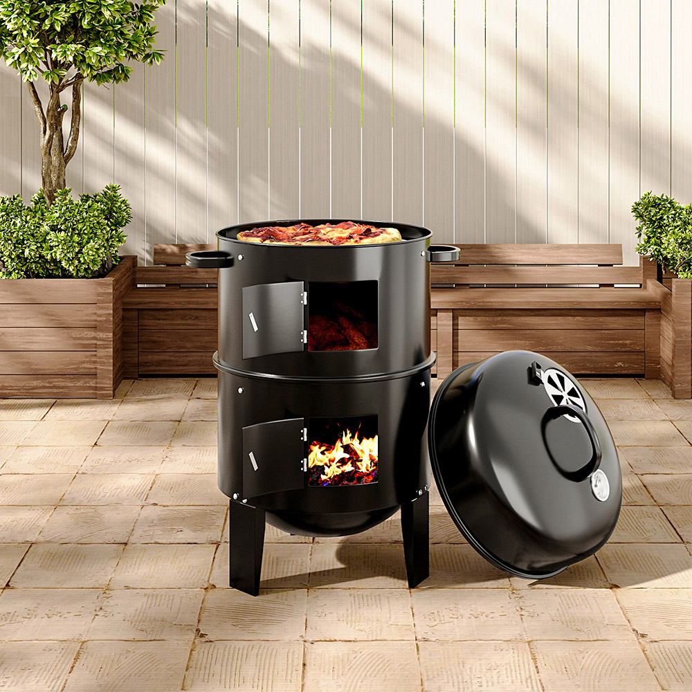 Living and Home Black Portable Outdoor Charcoal Smoker Grill with Thermometer Image 2