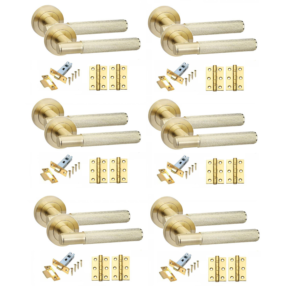 Golden Grace Knurled T-Bar Satin Brass Door Handles Latch and Ball Bearing Set 6 Pack Image 1